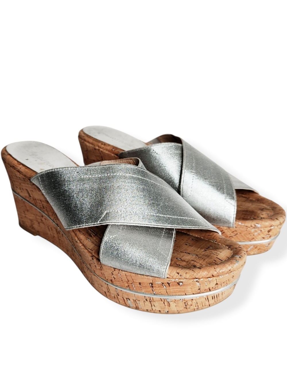 Donald Pliner Dani Silver Metallic Criss Cross Cork Leather Slip On Sandal 7.5